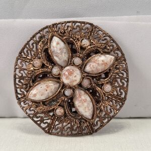 Vintage 60s German Coppertone Filigree Confetti Glass Brooch